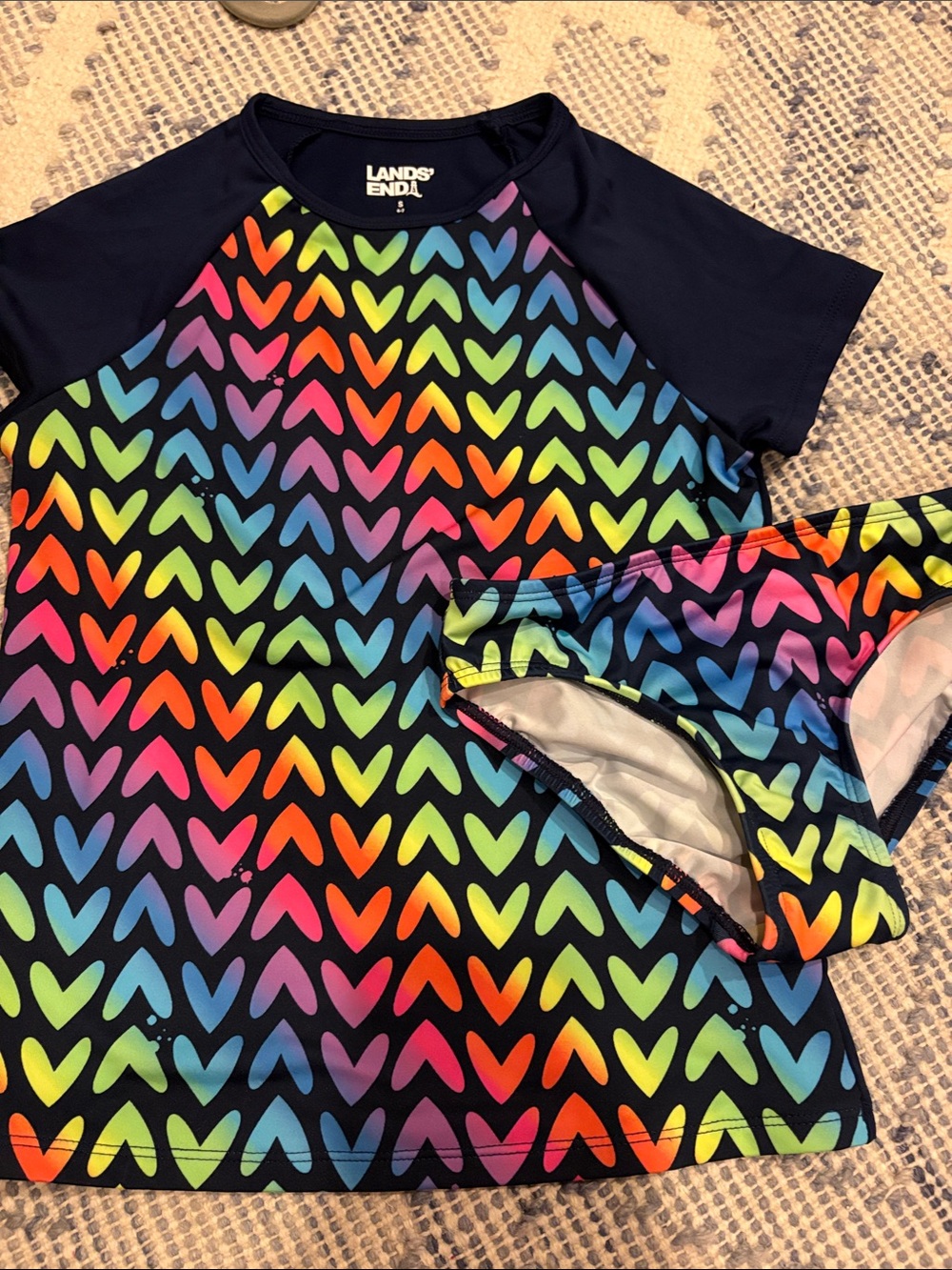 Lands' End Girls Rash Guard Swim Set with Rainbow Heart Pattern